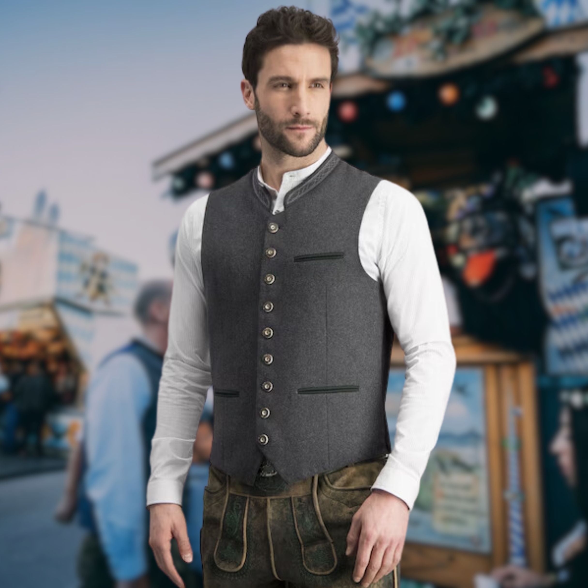 "Elegante Herren Trachtenweste in Blau mit traditionellem Muster, ideal fürs Oktoberfest und festliche Anlässe."