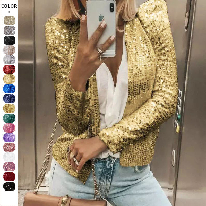 "Elegante glitzernde Damenjacke mit taillierter Passform, ideal für festliche Anlässe, in Silber und Magenta erhältlich."