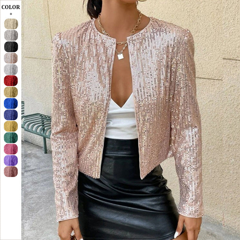 "Elegante glitzernde Damenjacke mit taillierter Passform, ideal für festliche Anlässe, in Silber und Magenta erhältlich."