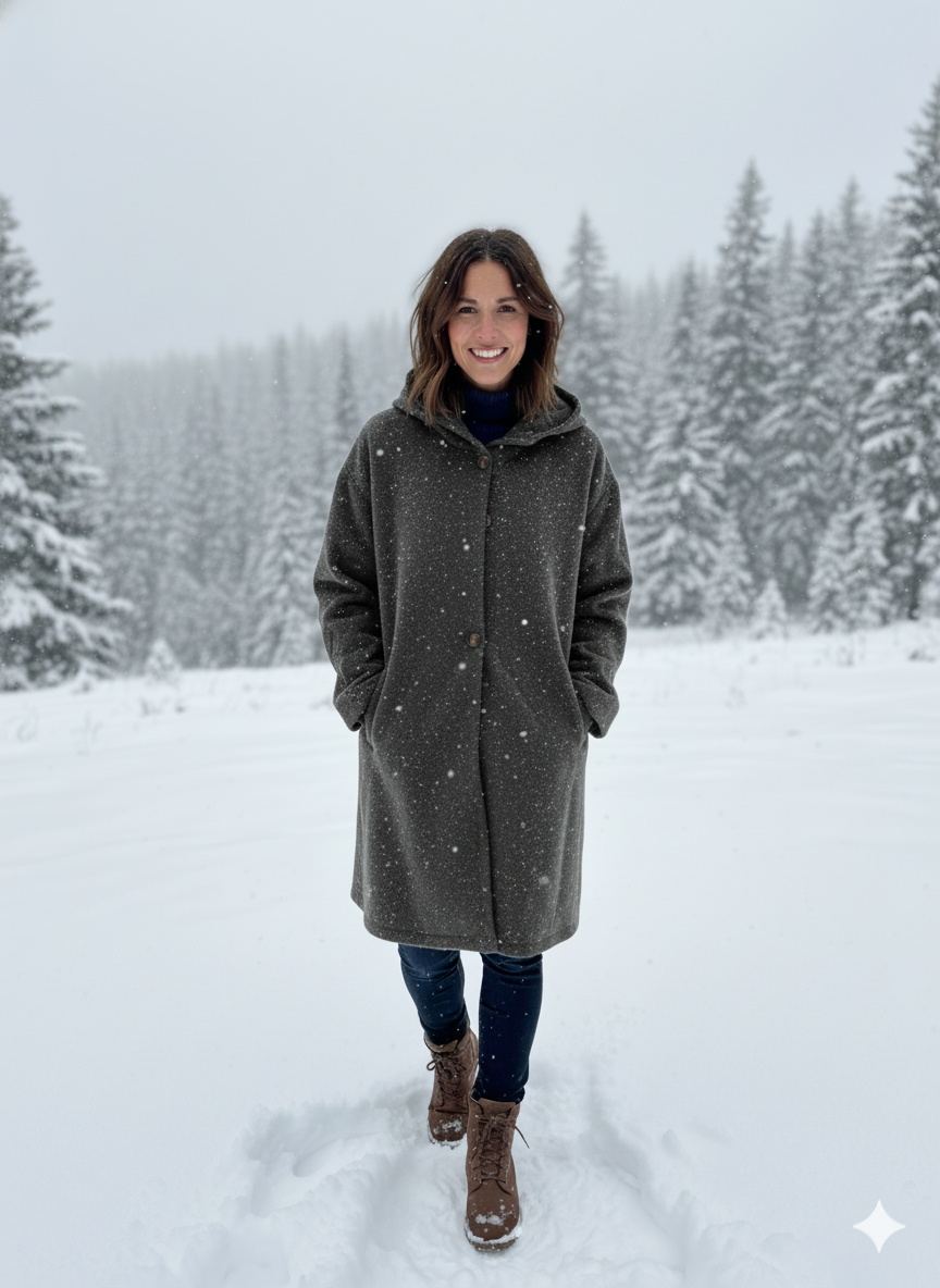 "Eleganter Damen Steppmantel in Blau, Kapuze verstellbar, wärmt stilvoll im Winter, erhältlich in S bis 3XL."