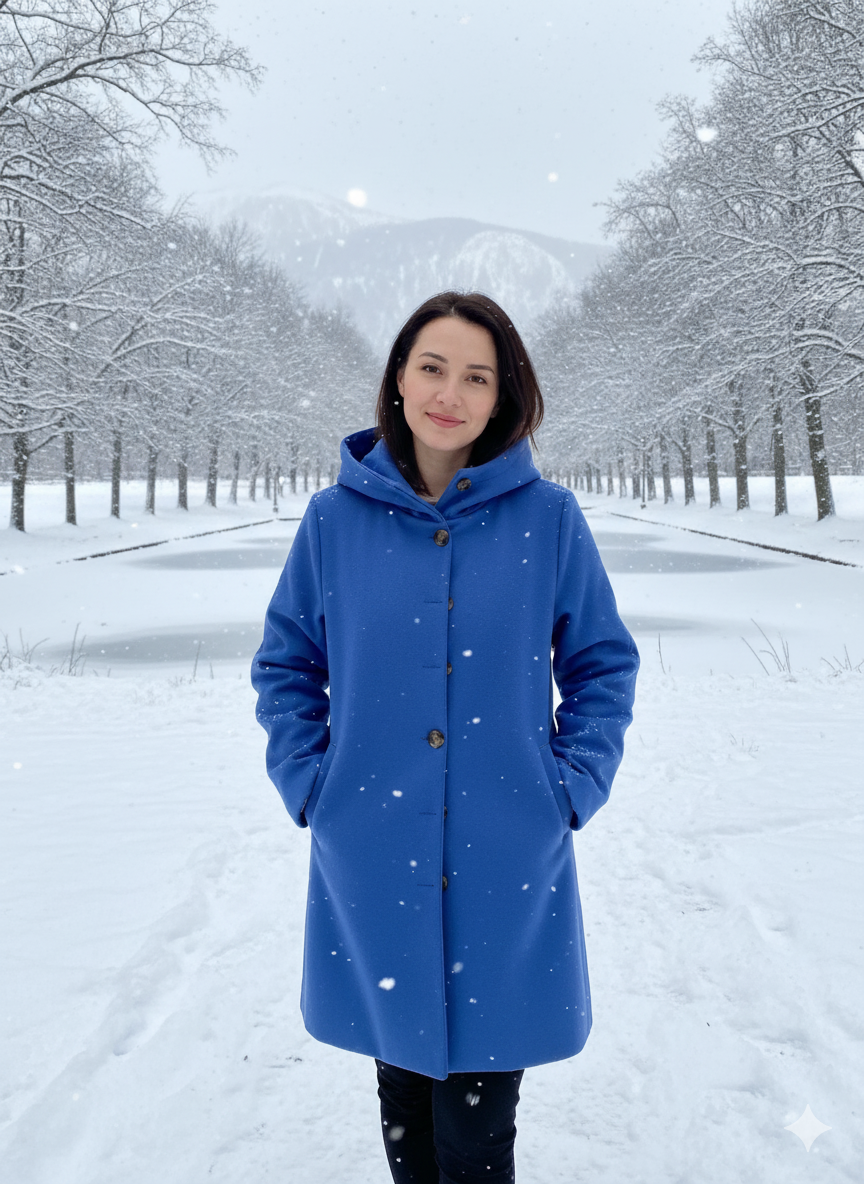 "Eleganter Damen Steppmantel in Blau, Kapuze verstellbar, wärmt stilvoll im Winter, erhältlich in S bis 3XL."