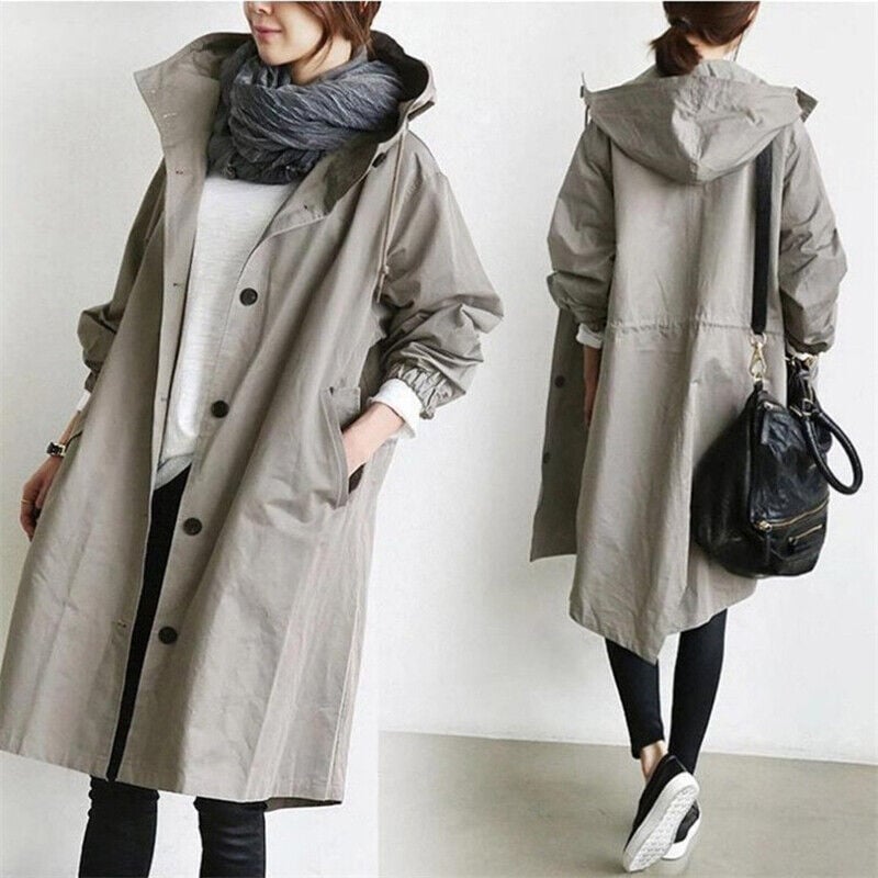 "Eleganter Damen-Trenchcoat mit Kapuze, stilvoller Regenmantel aus Baumwollmix, ideal für Übergangswetter"