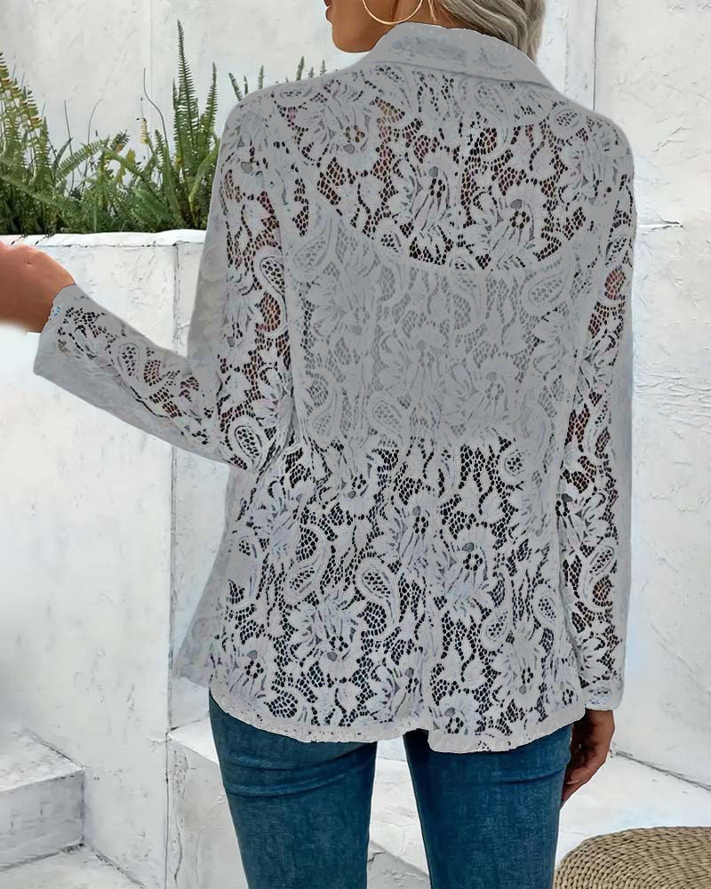 "Eleganter Damenblazer mit Blumenspitze, Langarm, Reversausschnitt, ideal für stilvollen, formellen Look in Grau, Schwarz, We