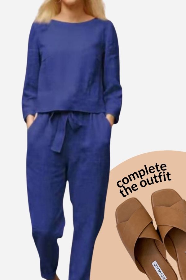 Eleganter Leinen-Zweiteiler für Damen in monochromen Farben; atmungsaktives Material, klassischer Schnitt für vielseitige Anl