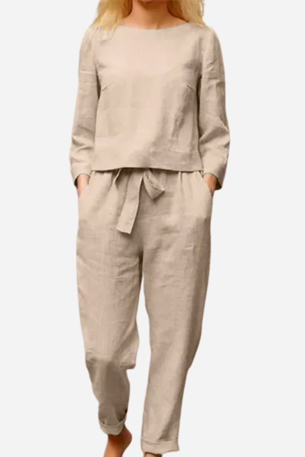 Eleganter Leinen-Zweiteiler für Damen in monochromen Farben; atmungsaktives Material, klassischer Schnitt für vielseitige Anl