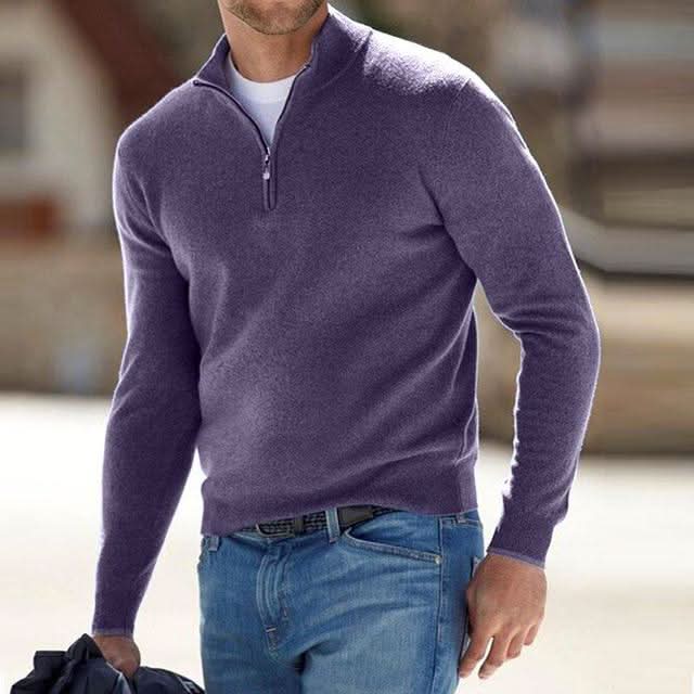 Eleganter Merino Herrenpullover mit V-Ausschnitt, Reißverschluss, und weicher Merinowolle für stilvollen Komfort.