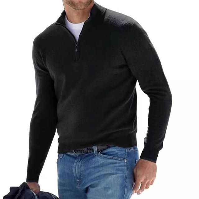 Eleganter Merino Herrenpullover mit V-Ausschnitt, Reißverschluss, und weicher Merinowolle für stilvollen Komfort.