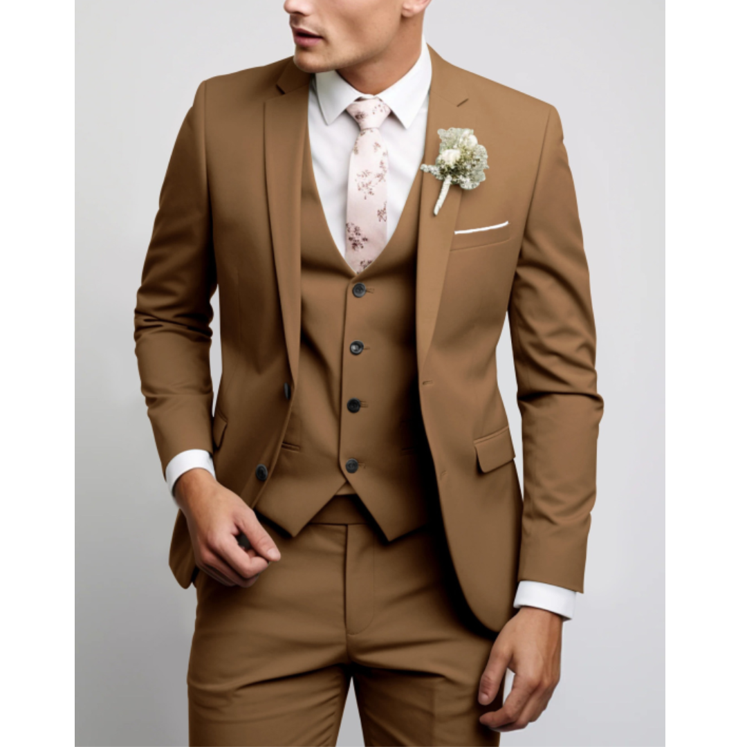 "Eleganter schlanker Herren-Hochzeitsanzug, Dreiteiler mit Zweiknopf-Jacke, Weste und Hose für formelle Anlässe."