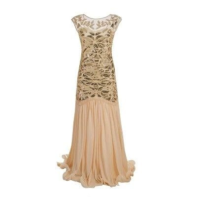 Elegantes Gatsby Kleid in Beige, im Vintage 1920er Jahre Stil, ärmellos, für besondere Anlässe und Retro-Chic geeignet.