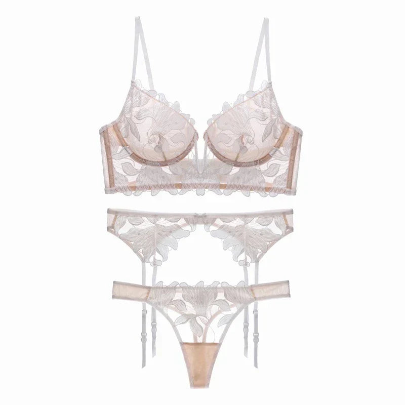 Elegantes Lingerie-Set aus zarter Spitze mit Blumenmuster, sinnlich und bequem, perfekt für Alltag und besondere Anlässe.