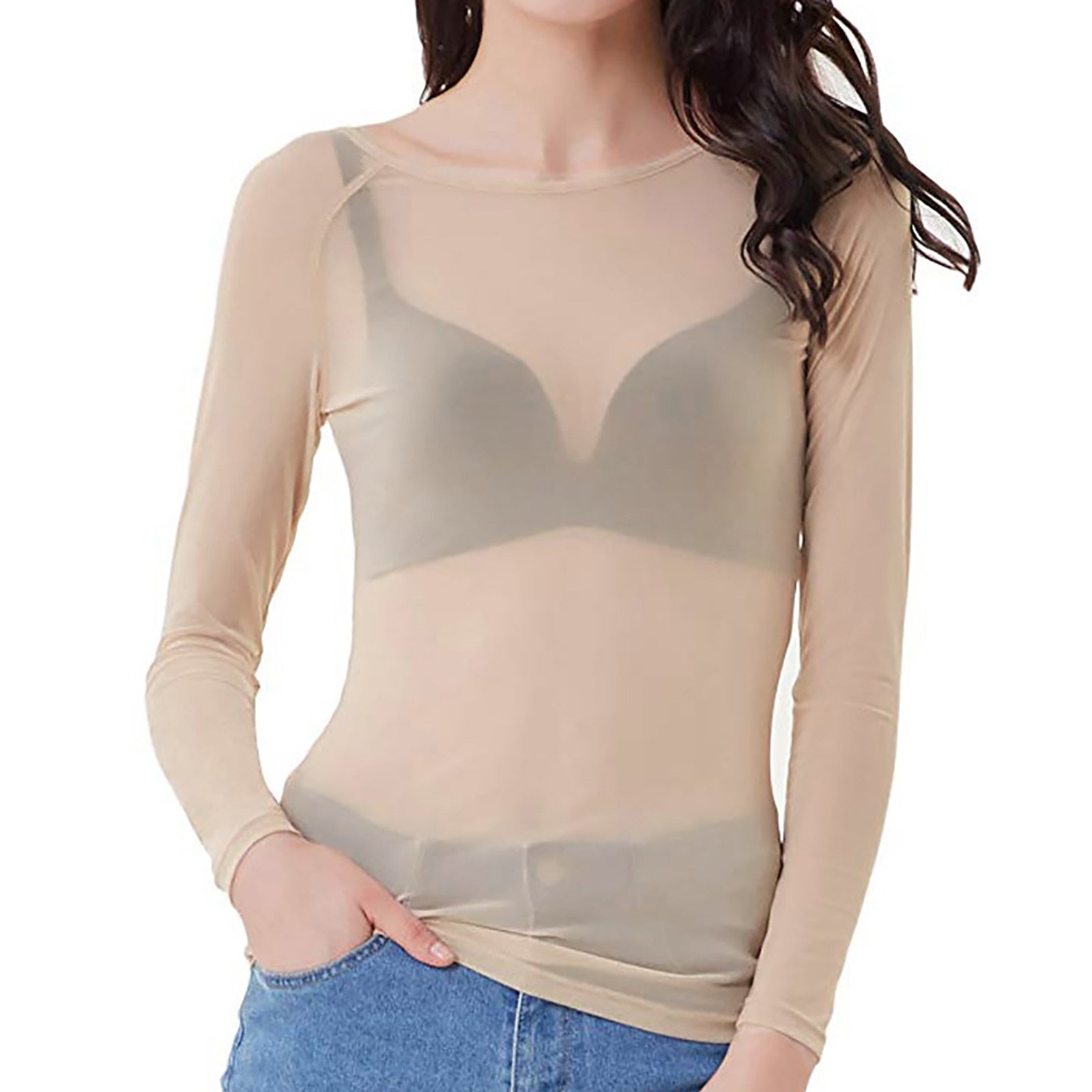 "Elegantes schwarzes Damen-Mesh-Top, langärmelig, transparent, Vorderansicht für modernen Look und vielseitige Outfits."
