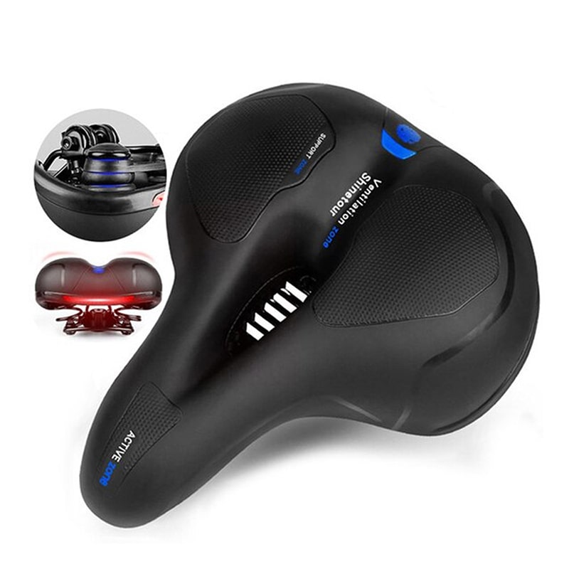 Ergonomischer ComfortRide Fahrradsattel mit dicker Polsterung, reflektierenden Streifen und Belüftungsschlitzen für Komfort.