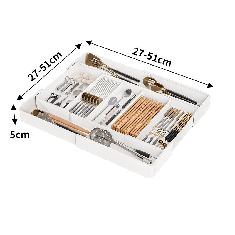 "Flexibler Schubladen Organizer in Beige mit ausziehbaren Fächern für Küchen-, Büro- und Badeutensilien – effiziente Ordnung"