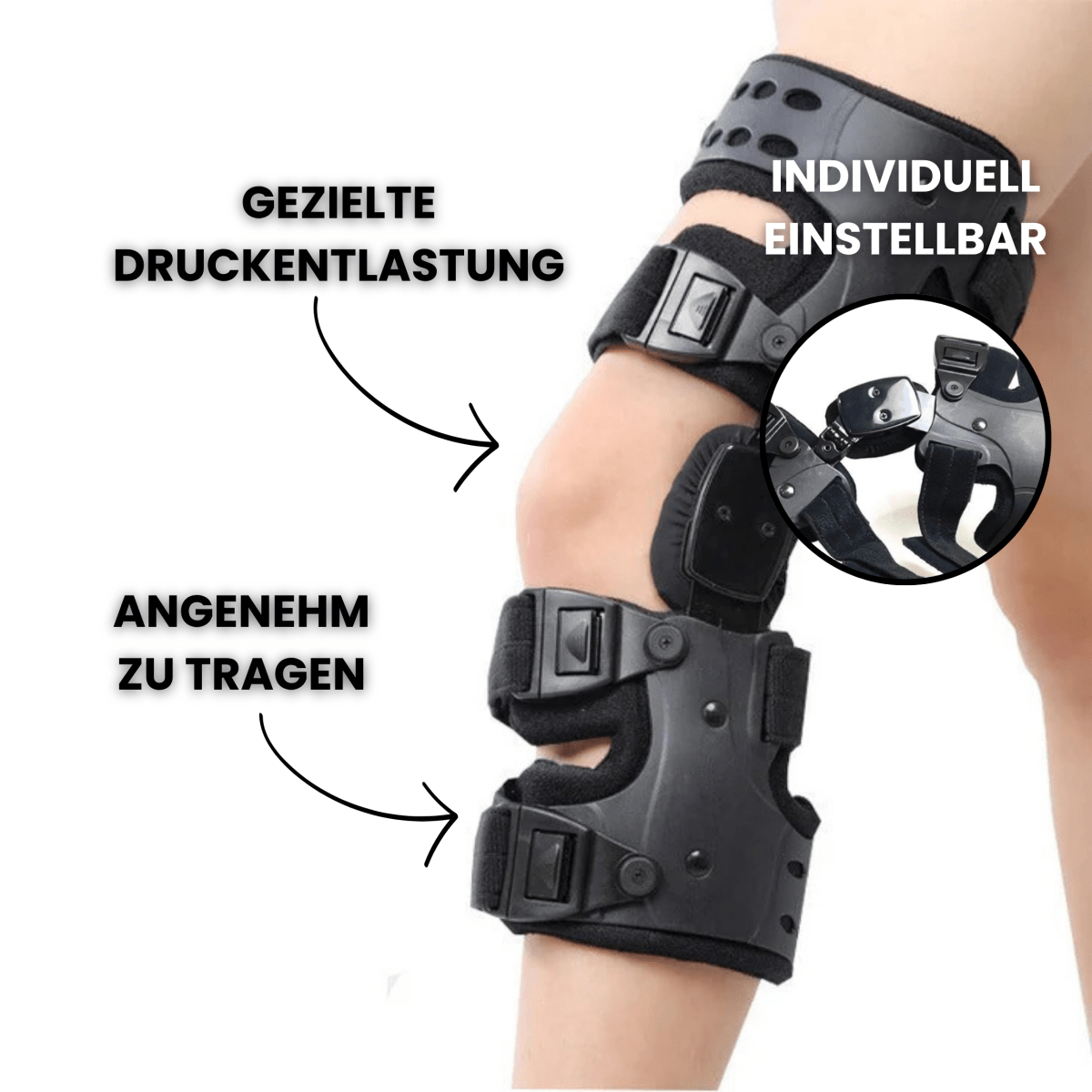 "Graue Kniebandage aus atmungsaktivem Material für gezielte Druckentlastung und verstellbare Stabilität bei Knieproblemen."