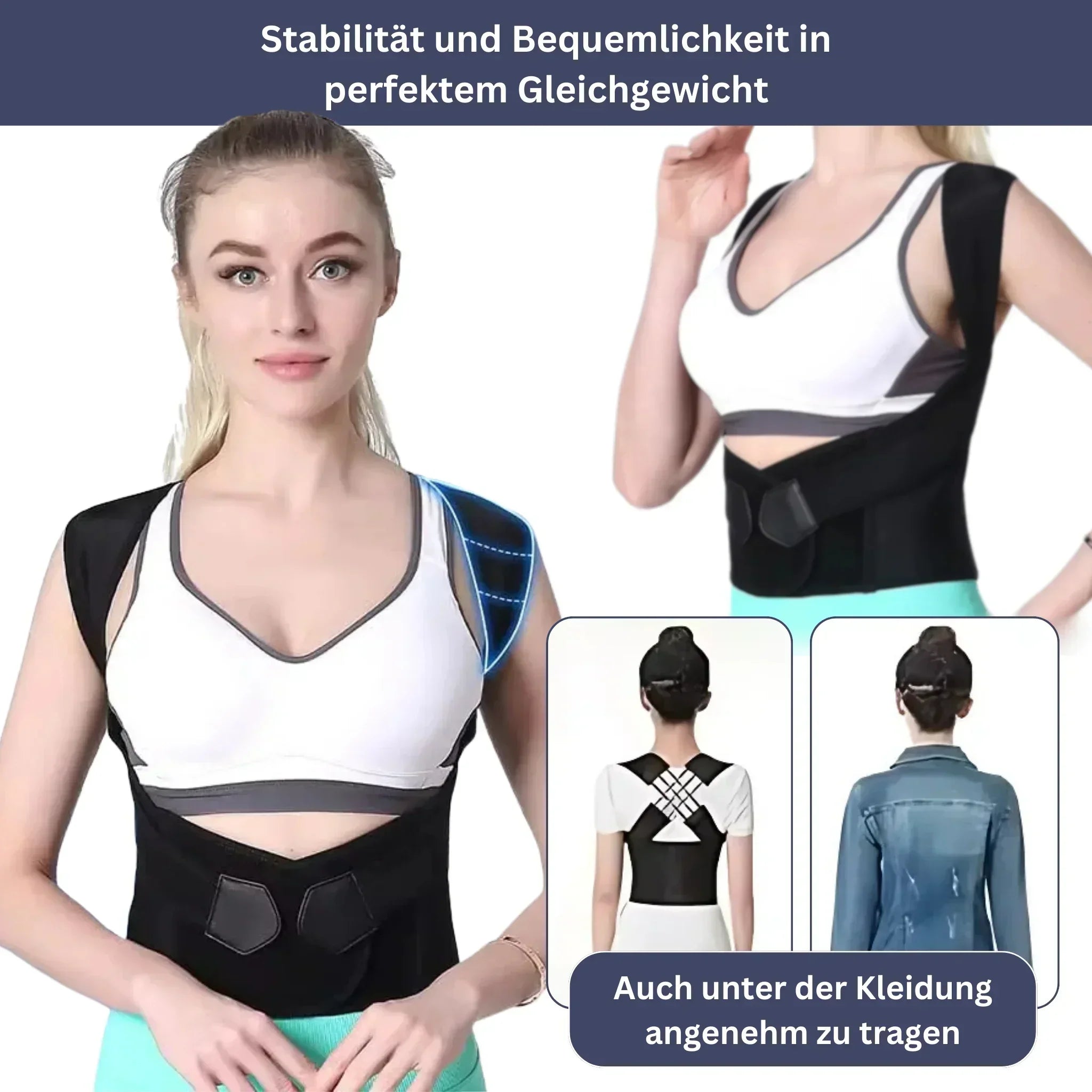"Haltungskorrektur Accessoire, elastisch und atmungsaktiv, unter Kleidung tragbar, ergonomisches Design für Komfort, PostureB