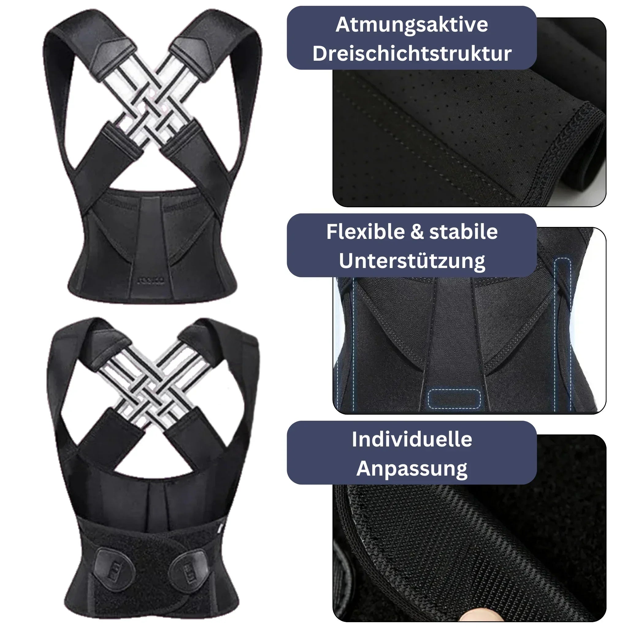 "Haltungskorrektur Accessoire, elastisch und atmungsaktiv, unter Kleidung tragbar, ergonomisches Design für Komfort, PostureB