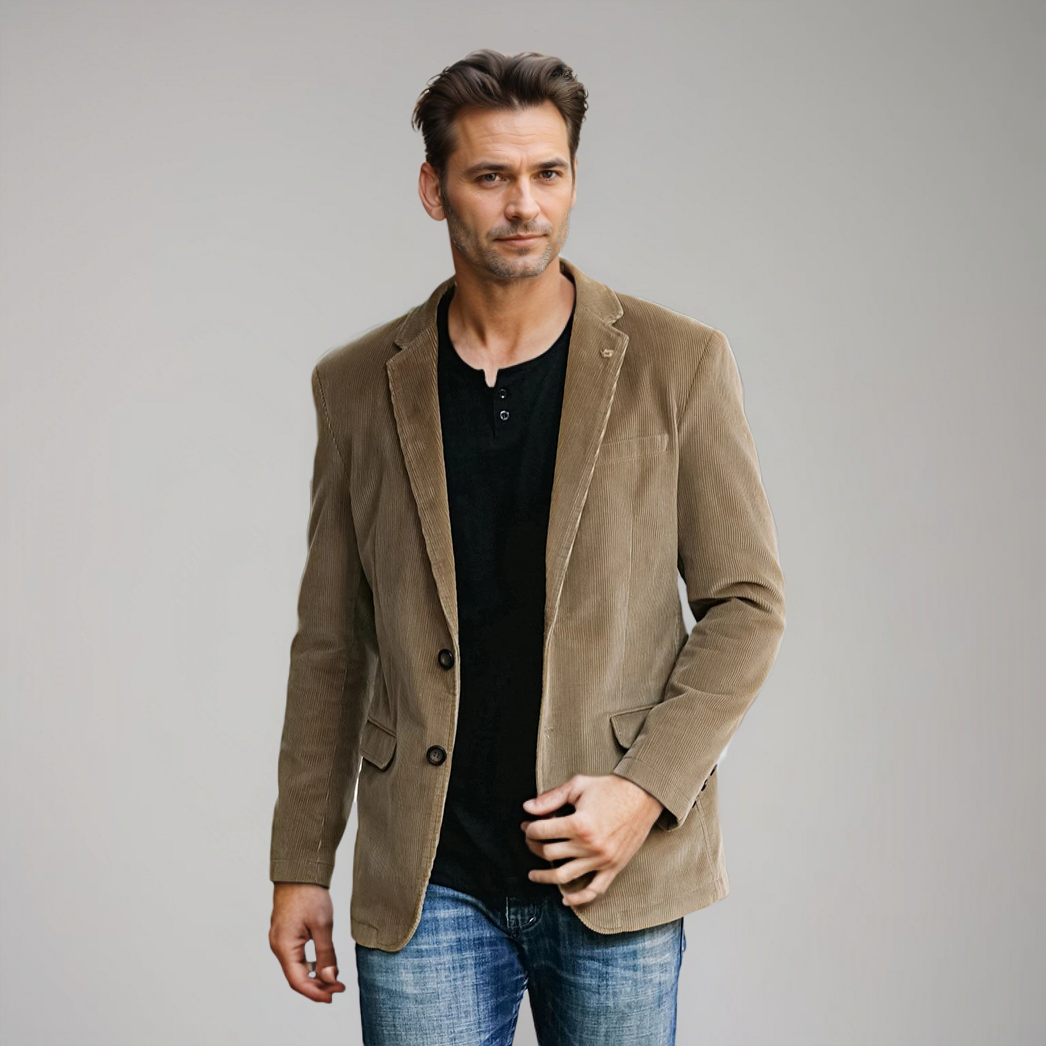 "Herren Cord Blazer in warmem Braun, klassisch-elegant, ideal für zeitlose Mode und vielfältige Anlässe."