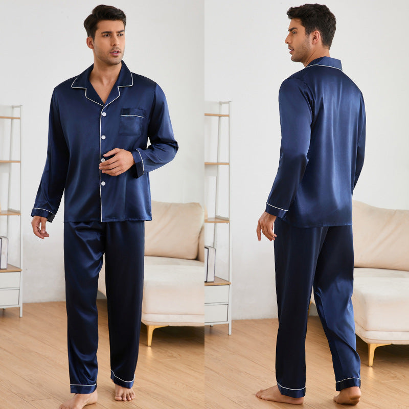 "Herren Satin Schlafanzug Set mit klassischem Kragen und stilvollen Kontrastnähten, luxuriöses Design, elegantes Aussehen"