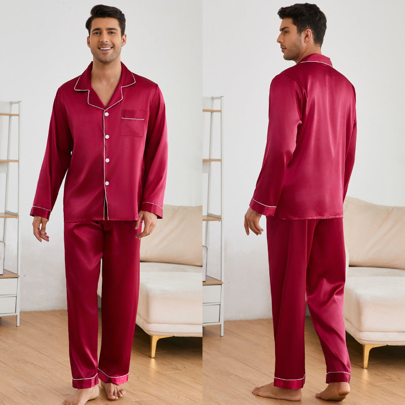 "Herren Satin Schlafanzug Set mit klassischem Kragen und stilvollen Kontrastnähten, luxuriöses Design, elegantes Aussehen"