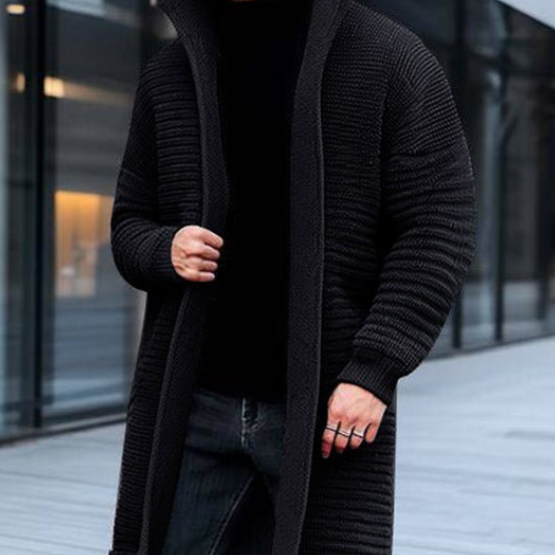 "Herren Strickjacke mit Stehkragen und langem Schnitt, eleganter Stil für den Winter, vielseitig kombinierbar."