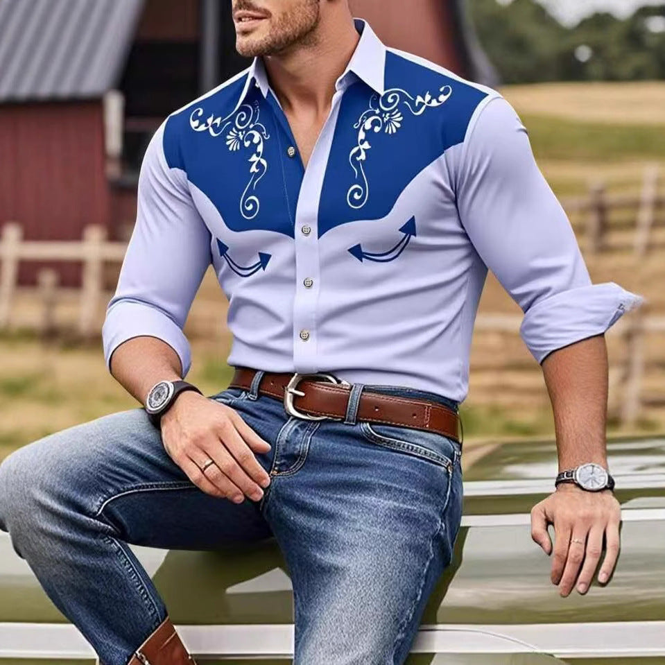 "Herren Westernhemd mit Stickereien, breiter Kragen, klassisches Design, komfortable Passform, eleganter Western-Stil"