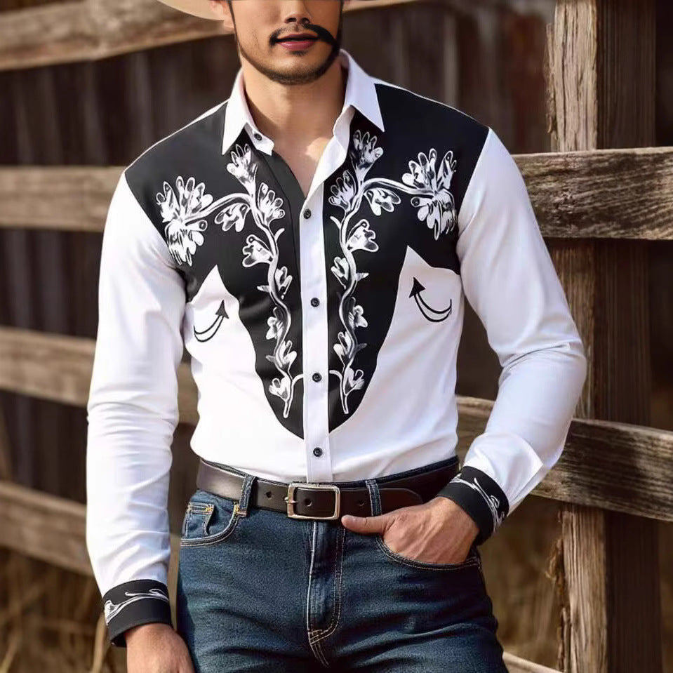 "Herren Westernhemd mit Stickereien, breiter Kragen, klassisches Design, komfortable Passform, eleganter Western-Stil"