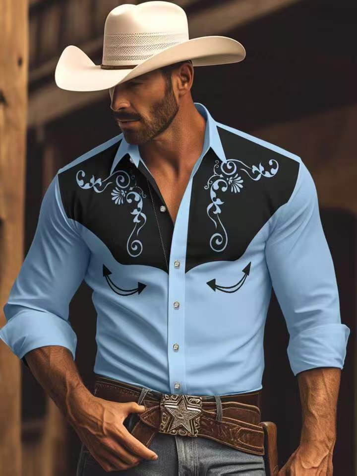"Herren Westernhemd mit Stickereien, breiter Kragen, klassisches Design, komfortable Passform, eleganter Western-Stil"