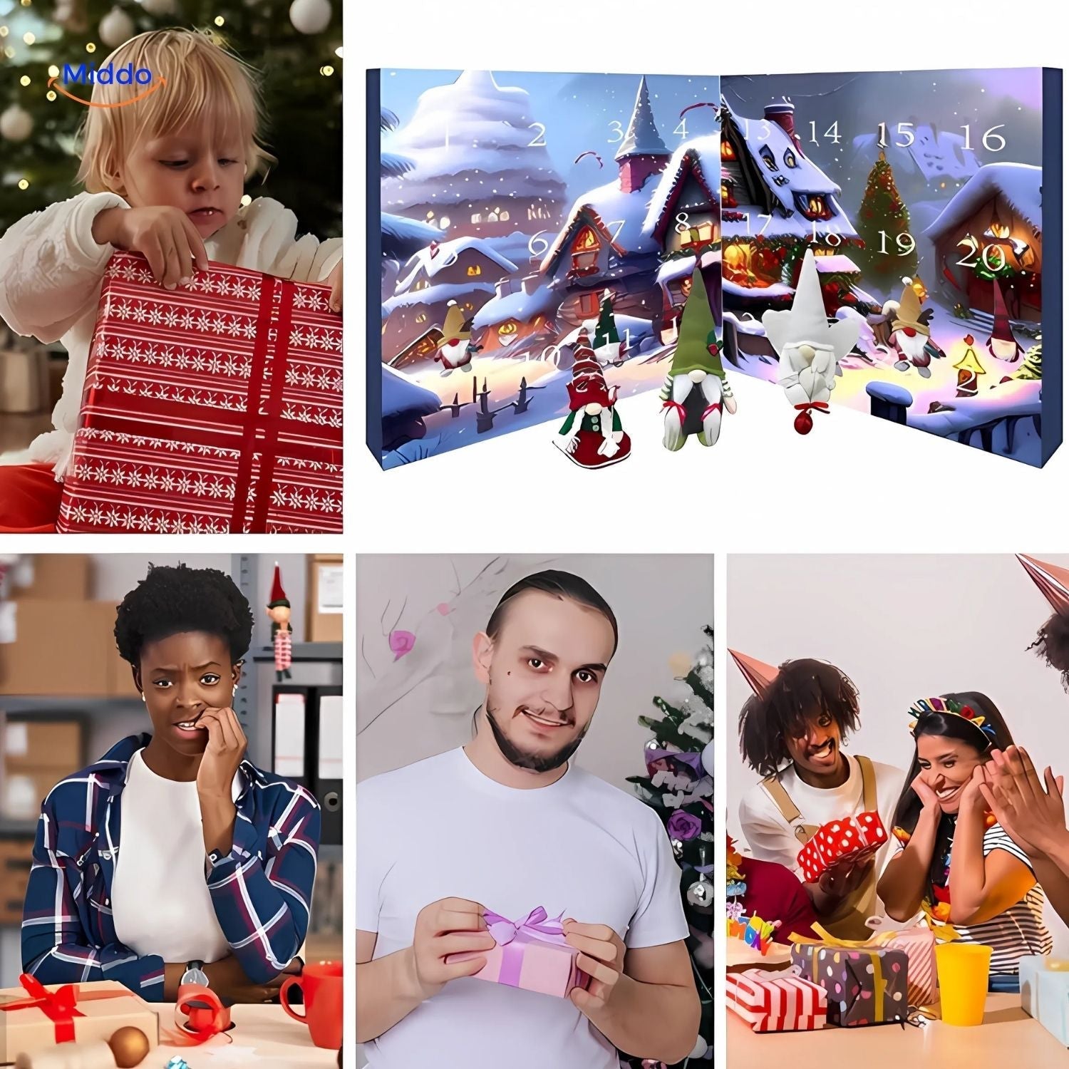 "HolidayHaven Adventskalender mit weihnachtlichen Plüsch-Gnomen und Miniaturhäusern, ideal für festliche Dekoration."
