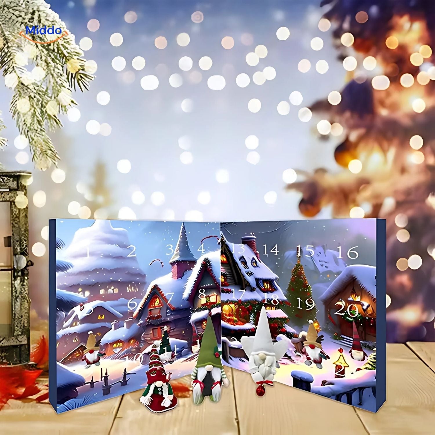 "HolidayHaven Adventskalender mit weihnachtlichen Plüsch-Gnomen und Miniaturhäusern, ideal für festliche Dekoration."
