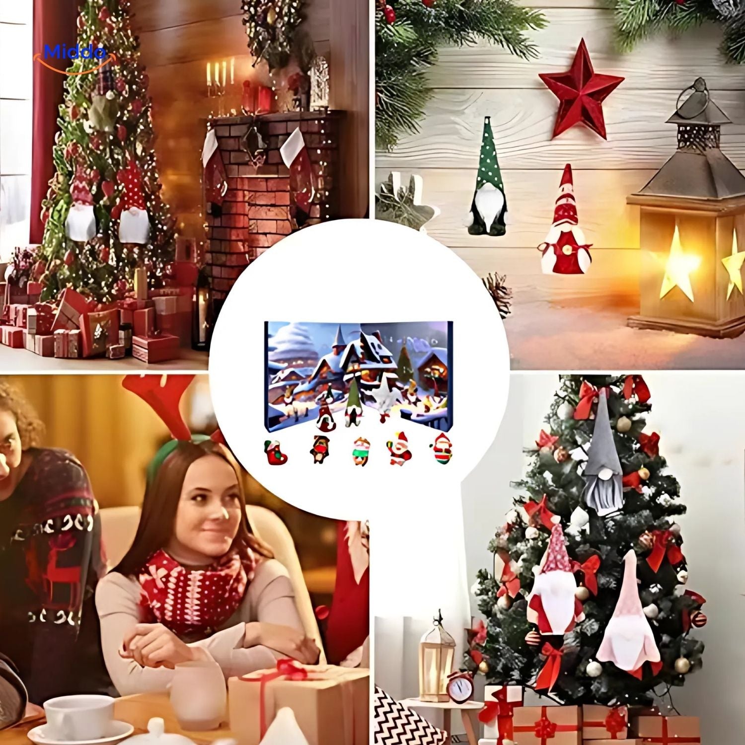 "HolidayHaven Adventskalender mit weihnachtlichen Plüsch-Gnomen und Miniaturhäusern, ideal für festliche Dekoration."