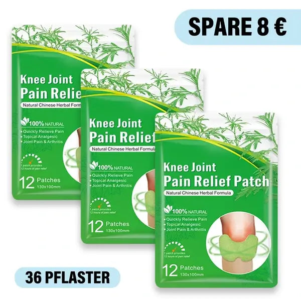"Knie-Schmerzpflaster zur natürlichen Schmerzlinderung, einfach anzuwenden, auf Knie aufgeklebt für gezielte Erleichterung."