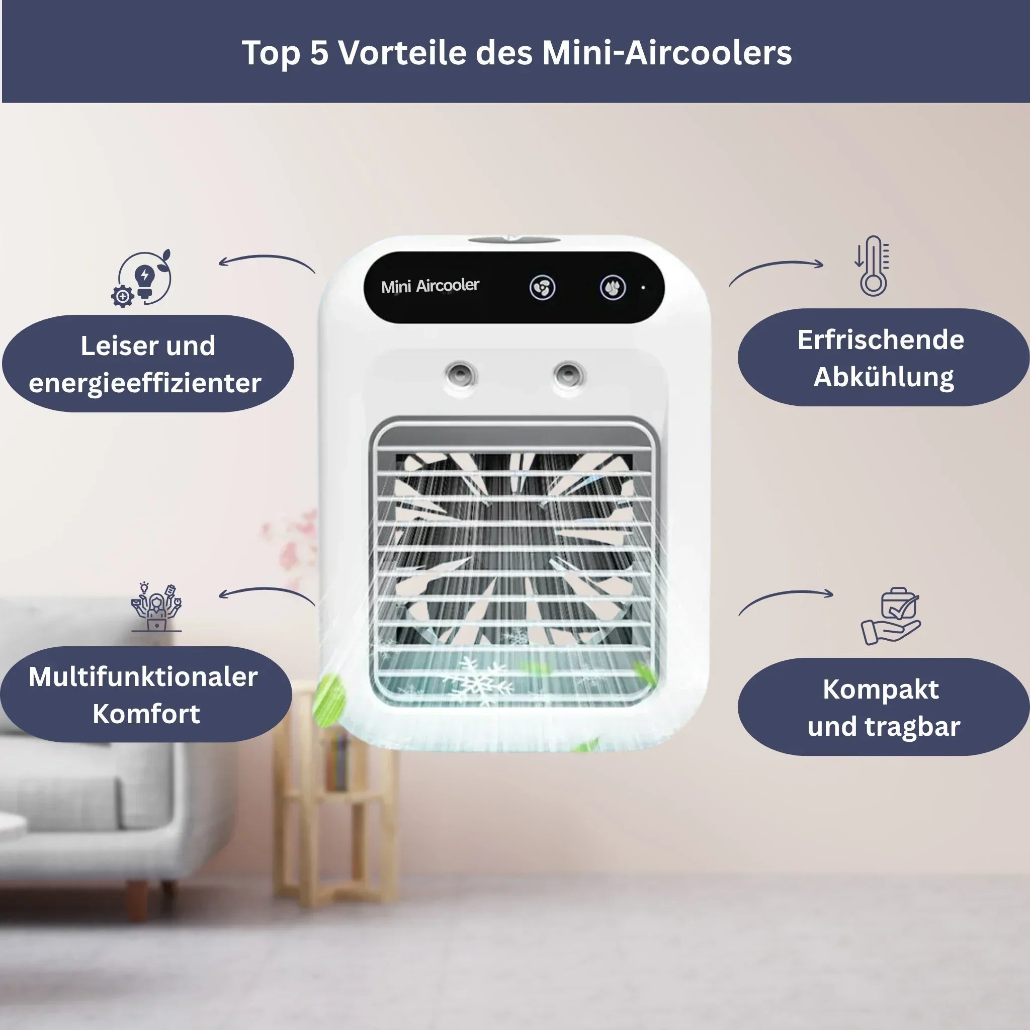 "Kompakte Sommer-Klimaanlage mit integriertem Duftlüfter, moderne Optik, sorgt für erfrischende und duftende Raumluft."