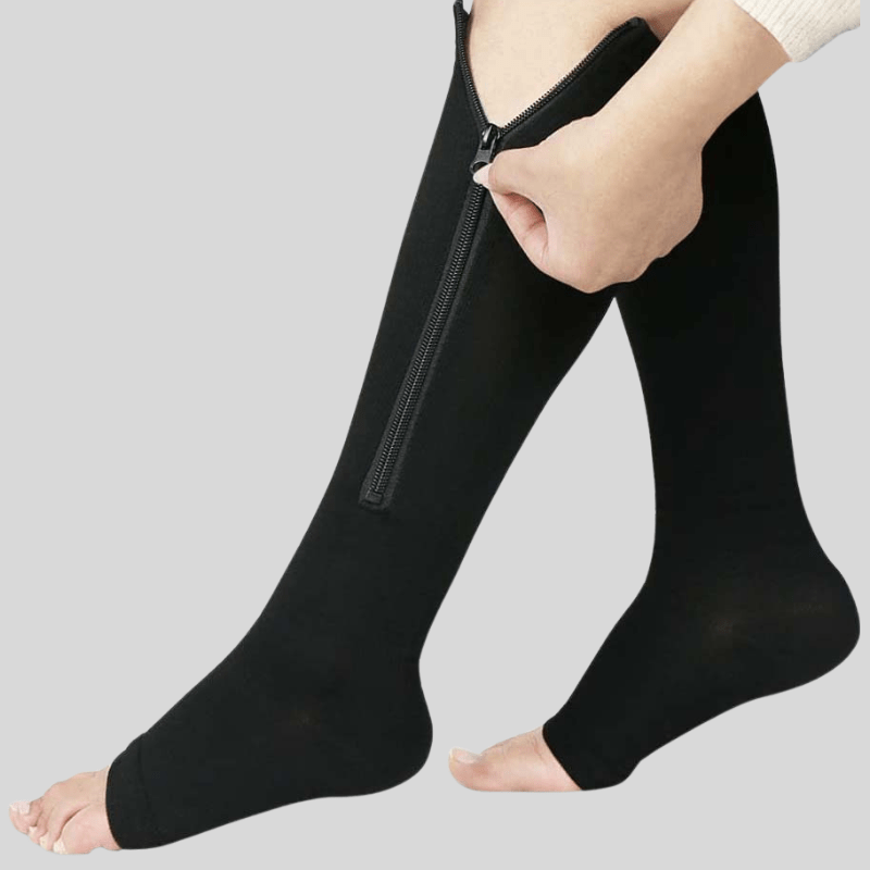 "Kompressionsstrümpfe mit Reißverschluss, schwarz, für verbesserte Blutzirkulation und Komfort, aus Spandex und Nylon."