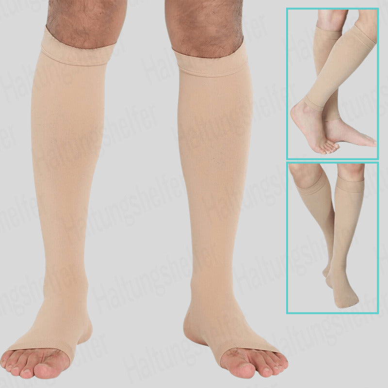 "Kompressionsstrümpfe mit offener Spitze, kniehoch, für Komfort und Unterstützung, ideal bei sportlichen Aktivitäten"