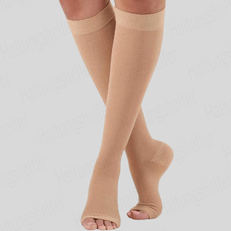 "Kompressionsstrümpfe mit offener Spitze, kniehoch, für Komfort und Unterstützung, ideal bei sportlichen Aktivitäten"