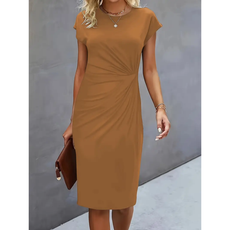 Kurzärmeliges Damen Midi-Kleid in professionellem Stil, elegante Silhouette, ideal für berufliche und formelle Anlässe.