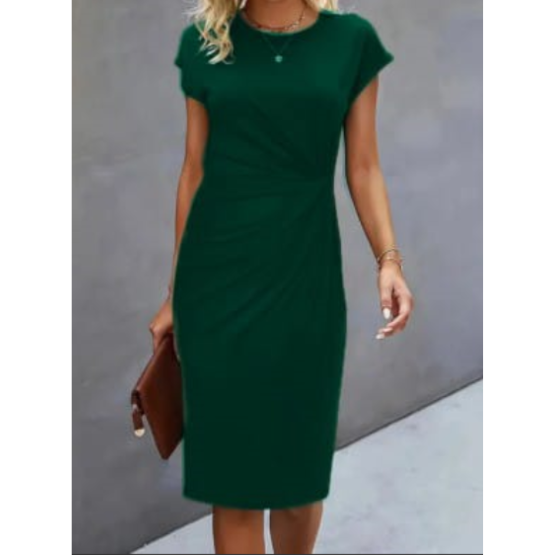Kurzärmeliges Damen Midi-Kleid in professionellem Stil, elegante Silhouette, ideal für berufliche und formelle Anlässe.