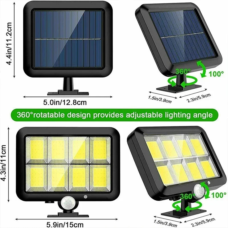 LED Solarleuchte IP65 für Außen, 100 COB-LEDs, Bewegungsmelder, wetterfest, robuste Bauweise, ideal für Garten und Einfahrt.