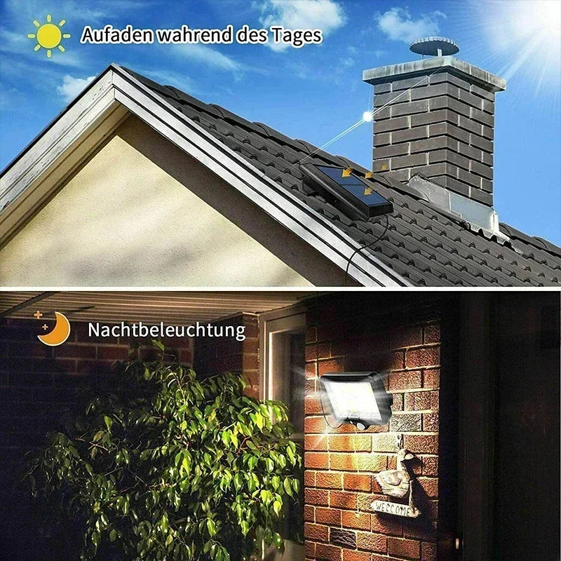 LED Solarleuchte IP65 für Außen, 100 COB-LEDs, Bewegungsmelder, wetterfest, robuste Bauweise, ideal für Garten und Einfahrt.