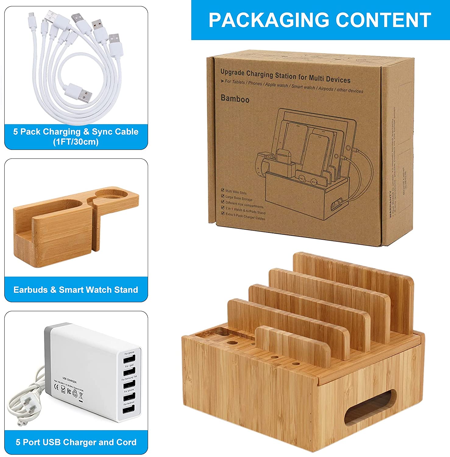 Nærbilde av Tekavo ChargeDock ladestasjon med smarttelefon, smartklokke og ørepropper organisert på bambusbrettet.