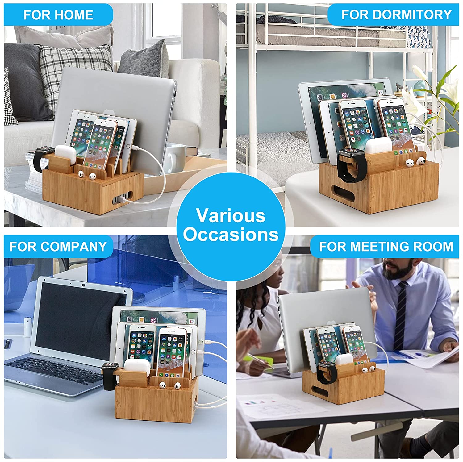 "Ladestation aus Bambus, 5-Port USB, elegantes Design, multifunktional, mit Kabelmanagement für Smartphones und mehr."