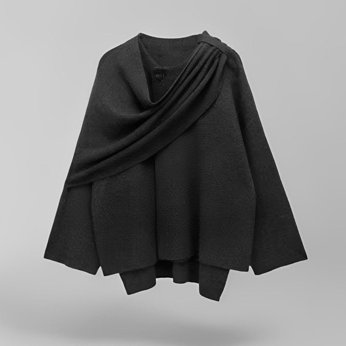 Moderner grauer Cape-Mantel für Frauen, eleganter Schnitt, dekorative Knöpfe, fließender Stoff, stilvoller Look.