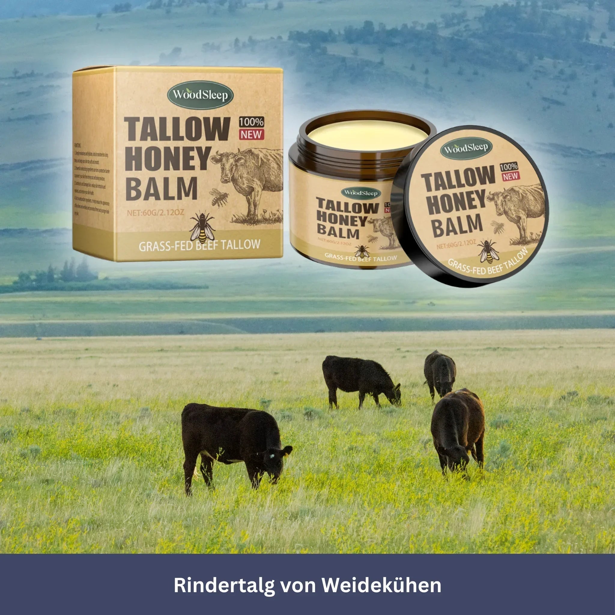 "Natürliche Bio Beef Tallow Honigbalsam Creme für Hautpflege, in elegantem Glas, ideal für Gesicht und Körperpflege."