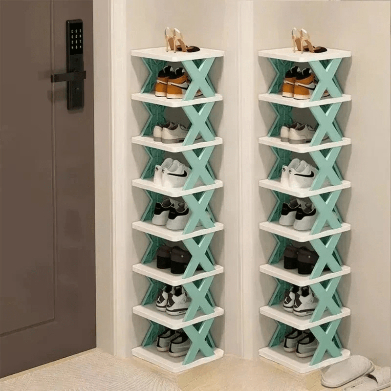 "Praktischer mehrschichtiger Schuhorganisator aus Kunststoff, platzsparend für Eingangsbereich, in modernem Design, leicht zu