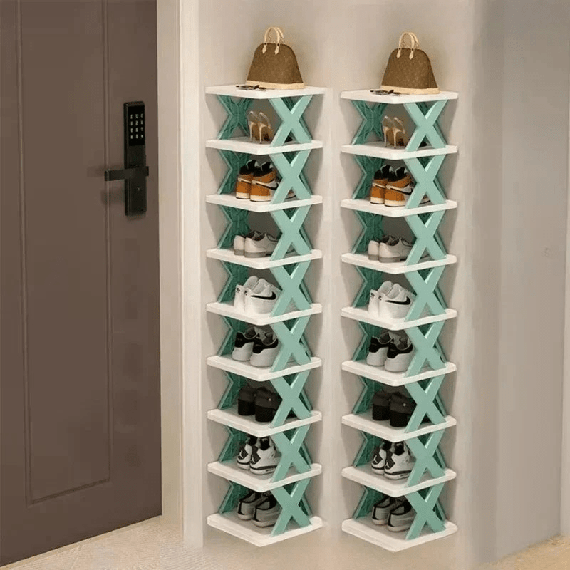 "Praktischer mehrschichtiger Schuhorganisator aus Kunststoff, platzsparend für Eingangsbereich, in modernem Design, leicht zu