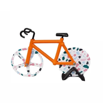 "RollCut Fahrrad-Pizzaschneider mit Edelstahlklingen und einzigartigem Design, farbenfrohes Mini-Fahrrad-Look."