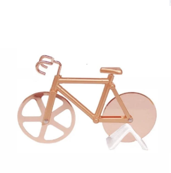 "RollCut Fahrrad-Pizzaschneider mit Edelstahlklingen und einzigartigem Design, farbenfrohes Mini-Fahrrad-Look."
