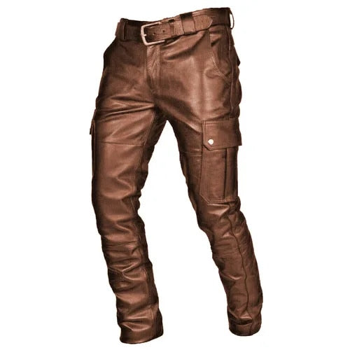 Schwarze Leder Motorradhose für Männer mit Cargotaschen, robustem Design und verstellbaren Details für optimalen Komfort.