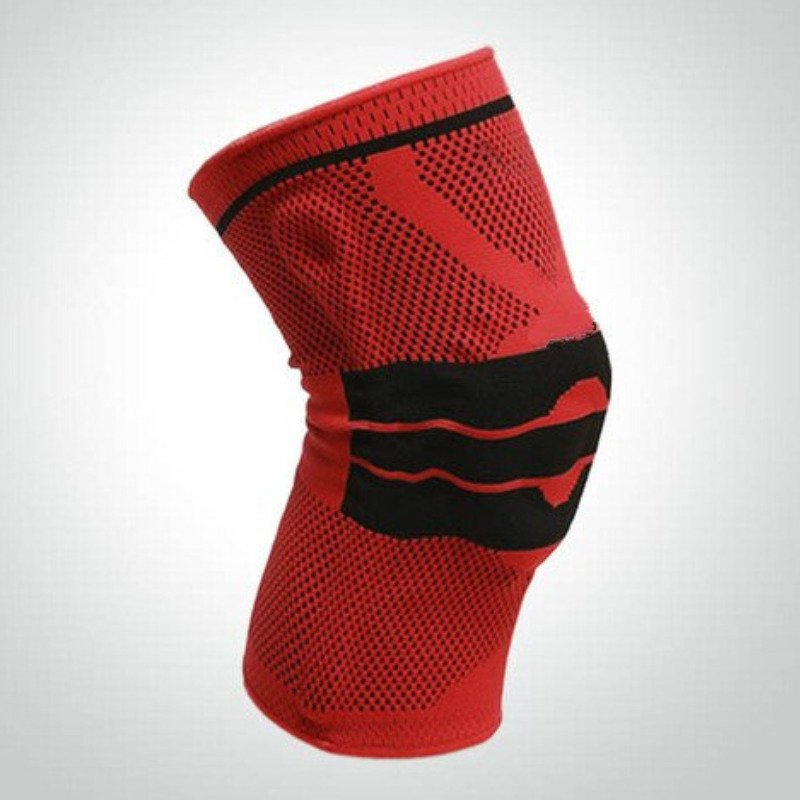 "Silikon Kniebandage mit gepolstertem Kompressionsring, stabilisierenden Federn und Gelpad in Grau, Rot oder Schwarz."