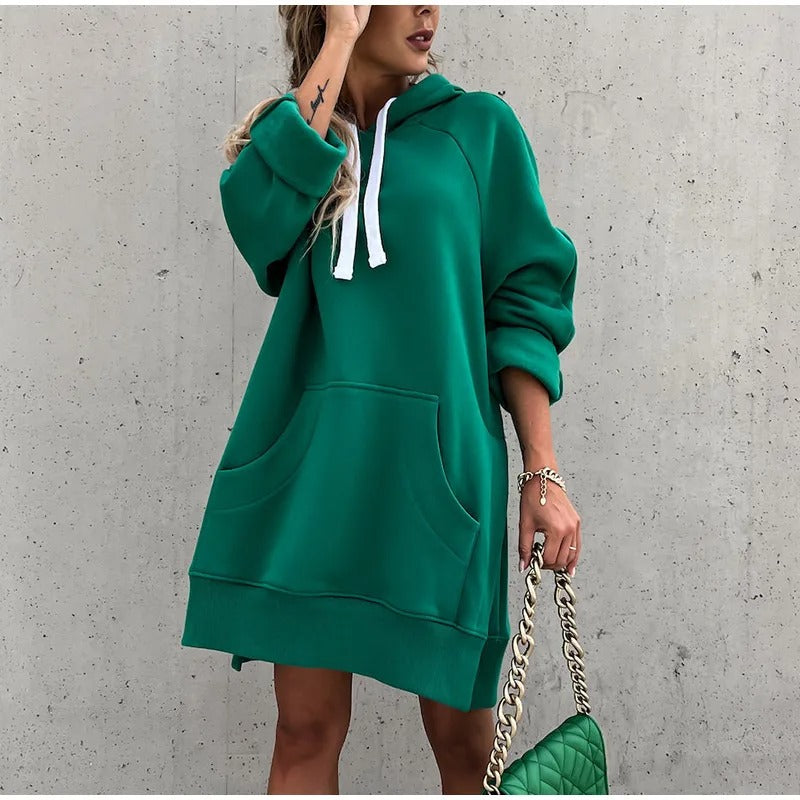 "Stilvolles Damen-Pulloverkleid mit Kapuze, Mini, in Beige mit entspannter Passform und modischem Design."